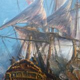 Painting battleship engaged in naval combat world war 2