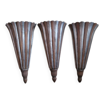 Lot de 3 appliques murales art deco en bois et alluminium