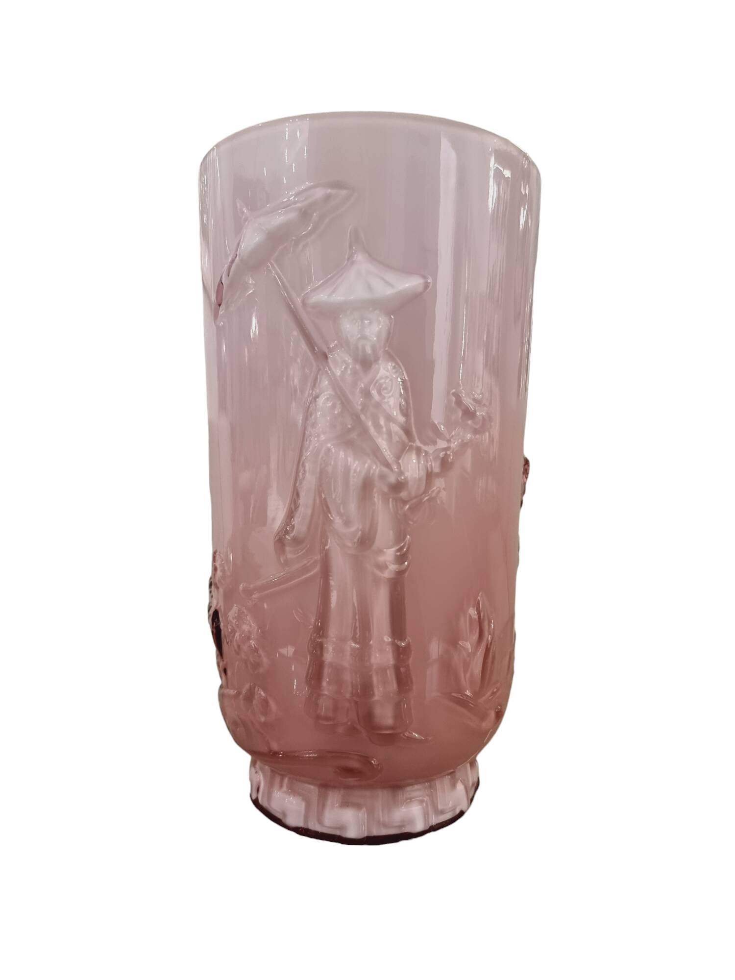 Art deco french pink glass vase with chinese scene in ombre effect from verlys, 1940s