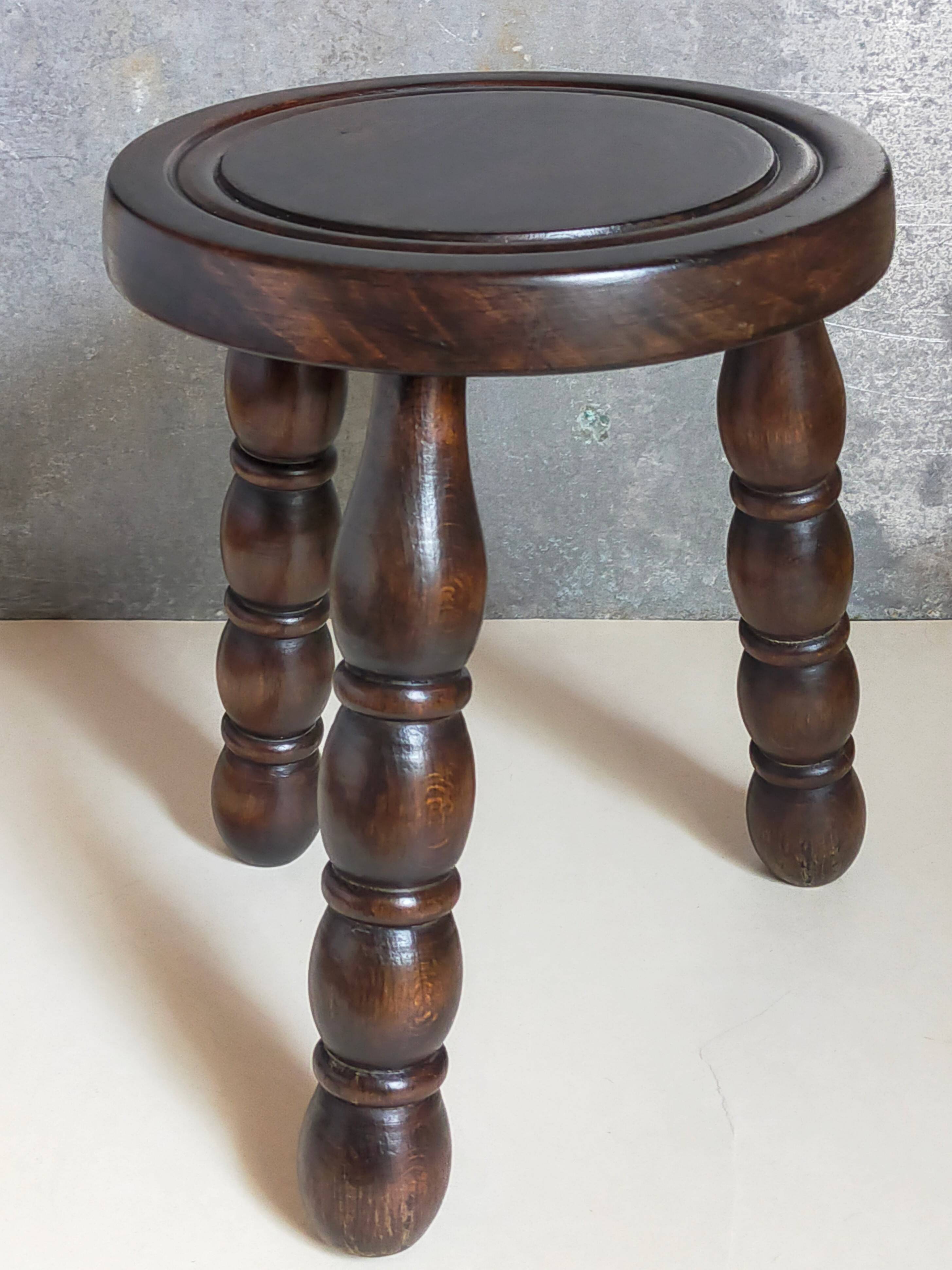 Vintage solid turned wood tripod stool