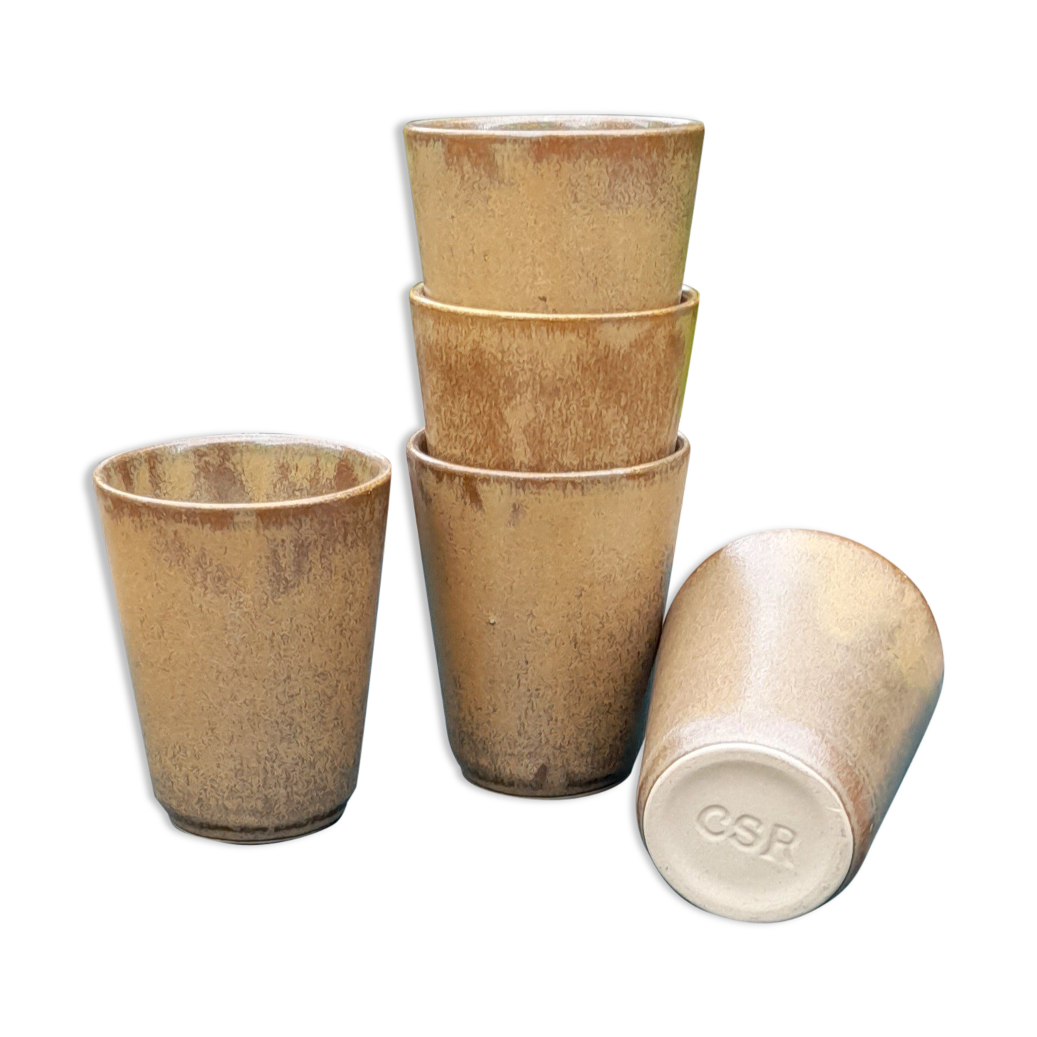 Set of 5 cups / glasses in enamelled sandstone, artisanal, signed CSR