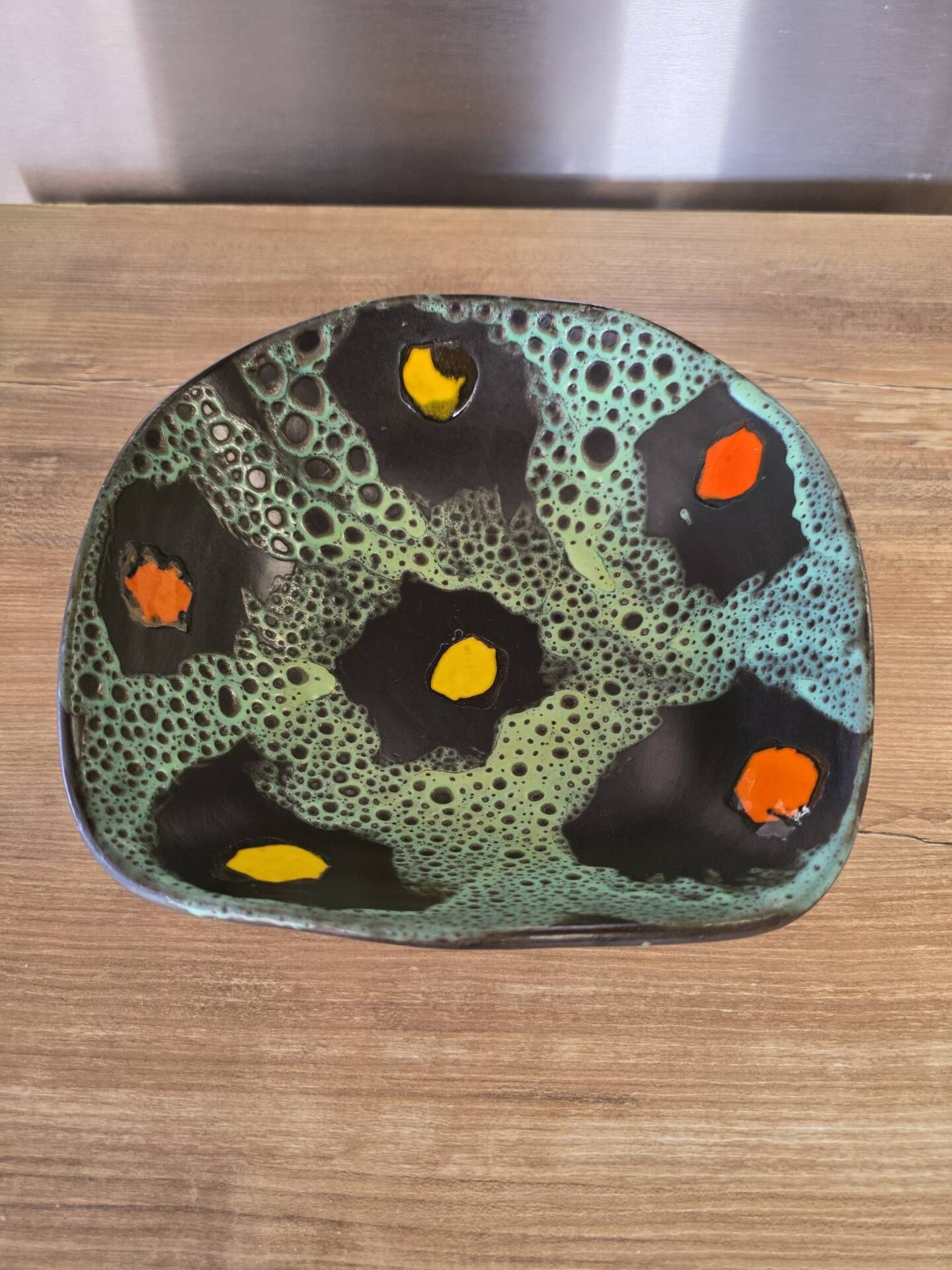 Square shallow dish Vallauris Fat Lava glaze sea foam vintage 1960s