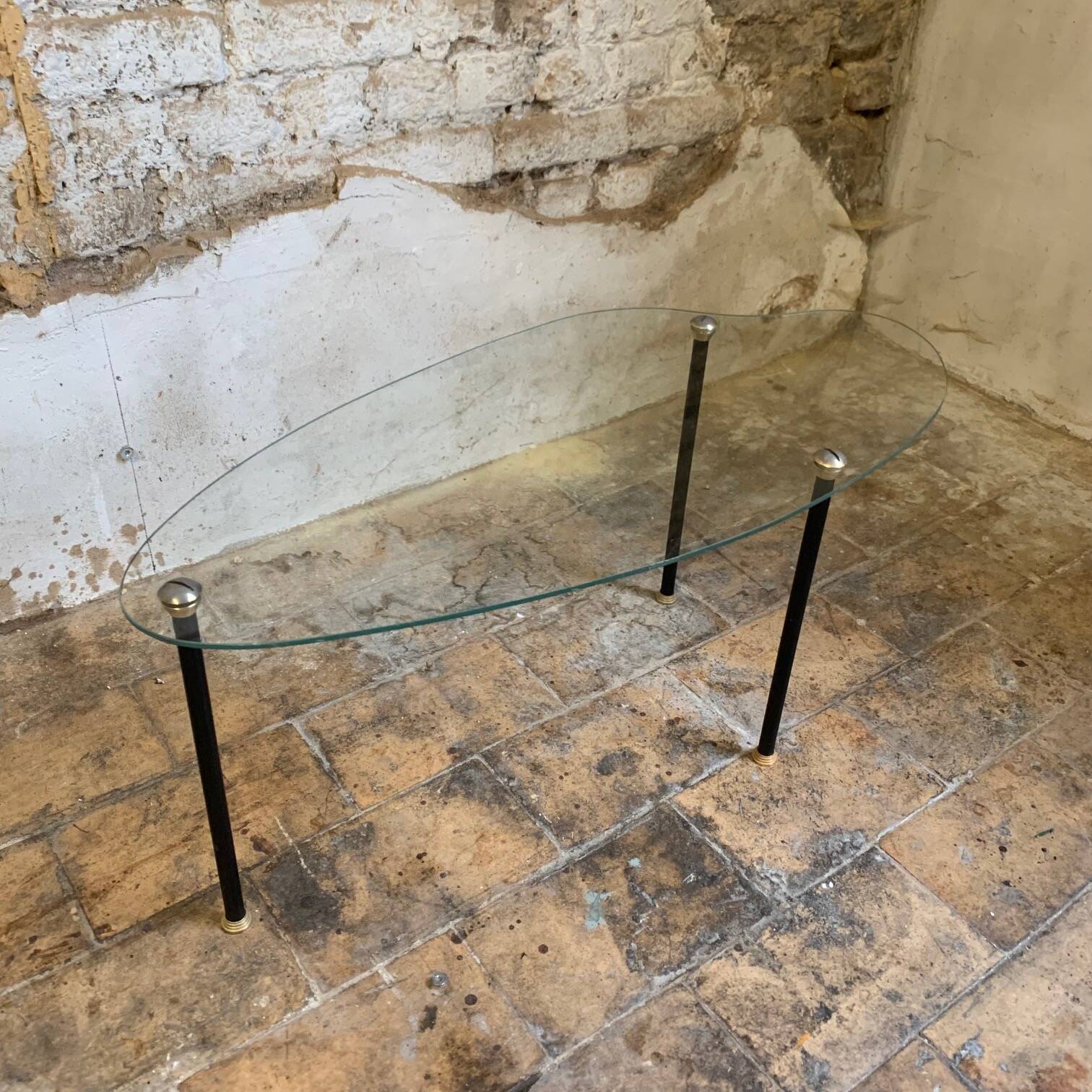 Pair of two 1950s glass and metal coffee tables, in the style of Edoardo Paoli