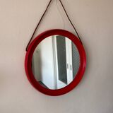 Mid-Century Scandinavian Red Round Wooden Mirror with Leather Strap, 1950s
