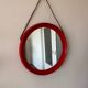 Mid-Century Scandinavian Red Round Wooden Mirror with Leather Strap, 1950s