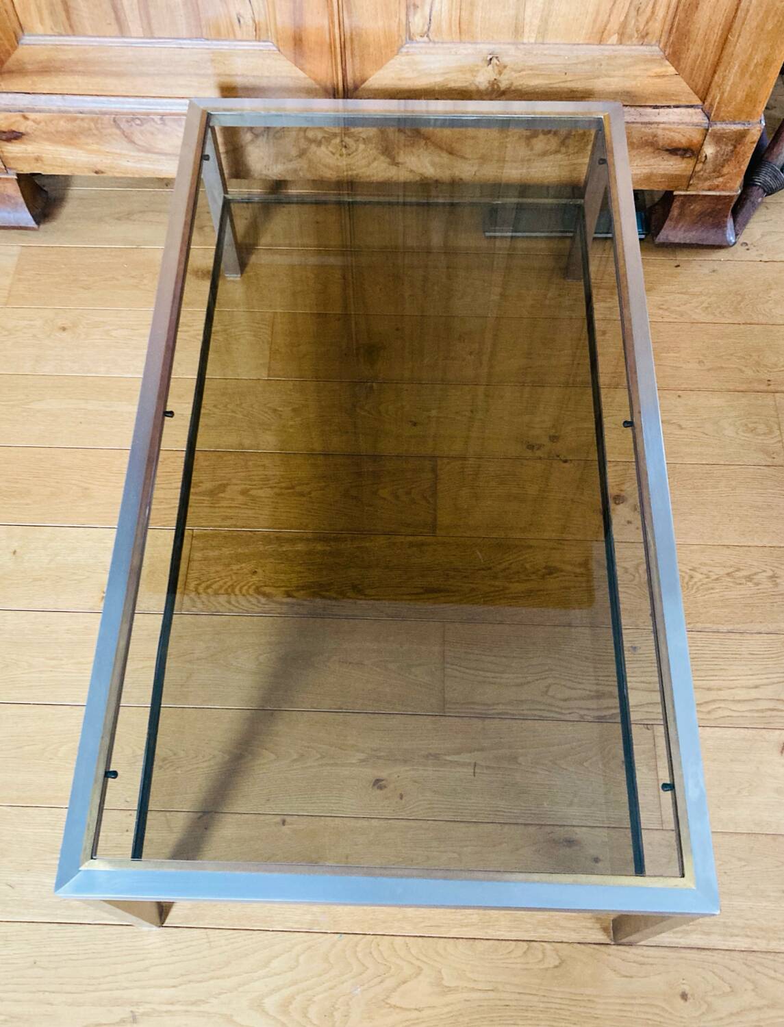 1970s coffee table in brushed metal, brass and smoked glass by Willy R