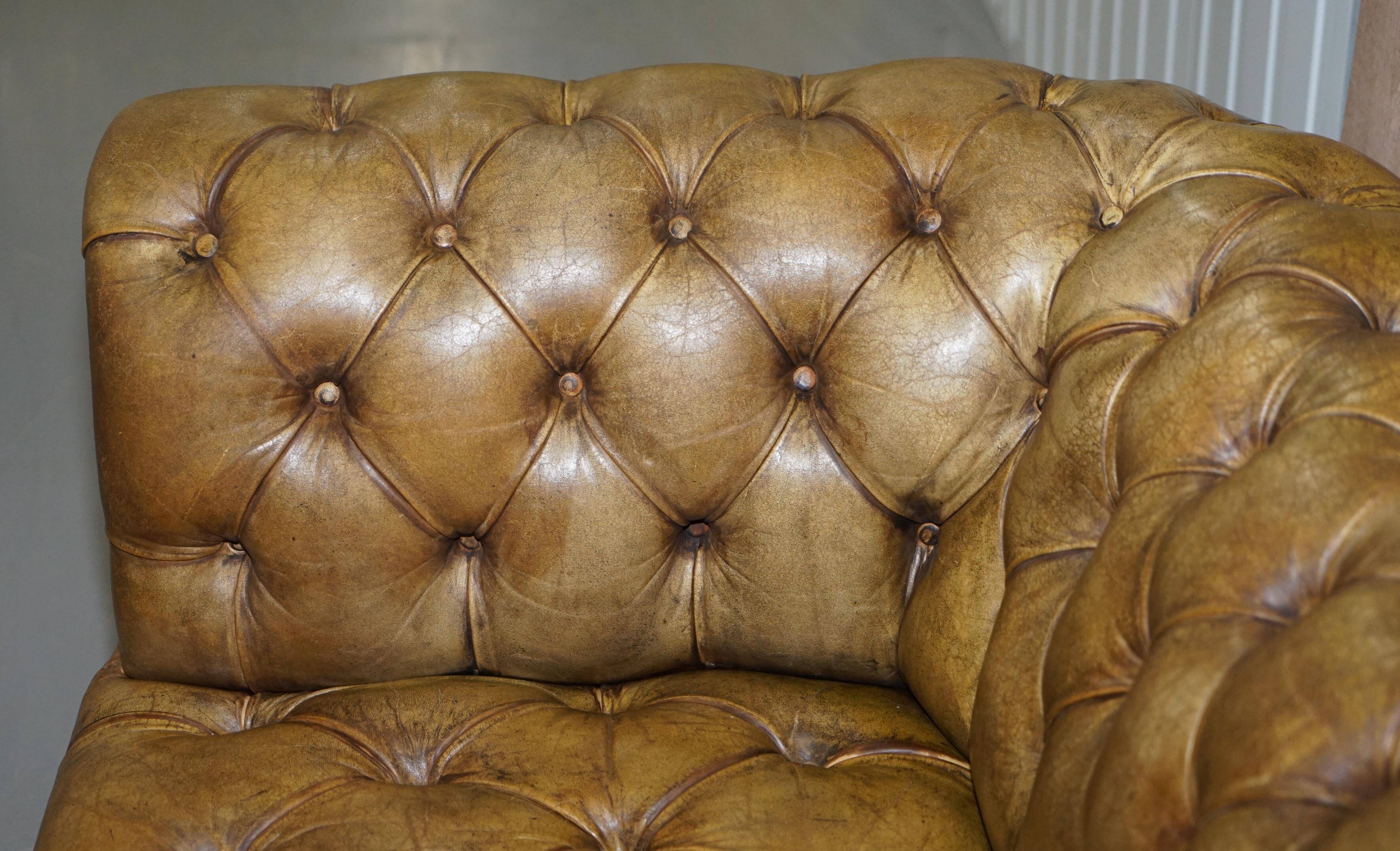 Canapé Chesterfield en cuir teint à la main, victorien rempli de crin de cheval