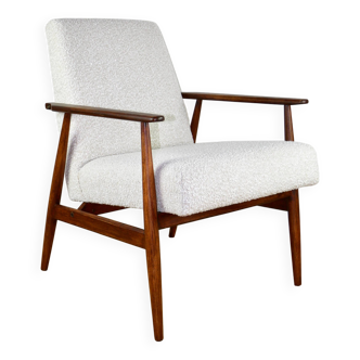 Armchair 'Lis', 1970s, white boucle, design by Henryk Lis - dark wood - 2 pieces available
