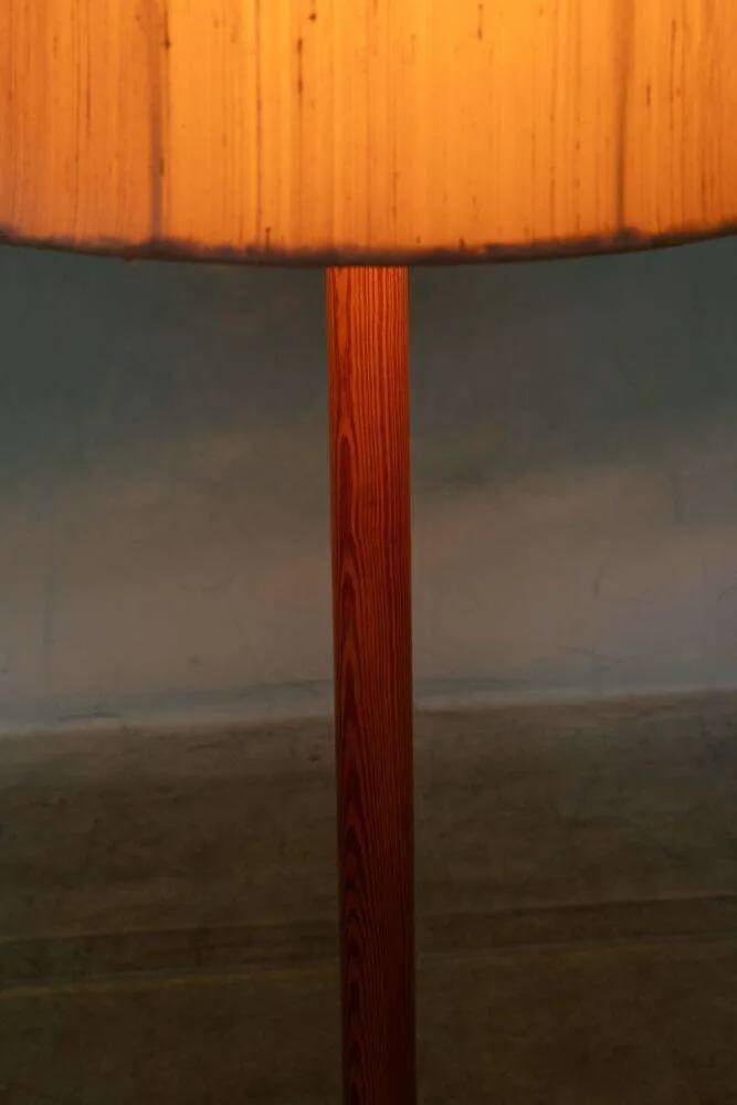 Vintage Swedish wooden floor lamp with pleated shade from the 1960s.