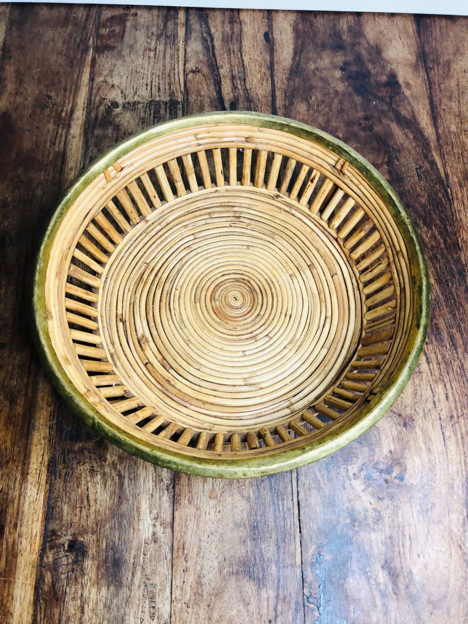 Large rattan and brass basket by Gabriella Crespi. Italy. 1970