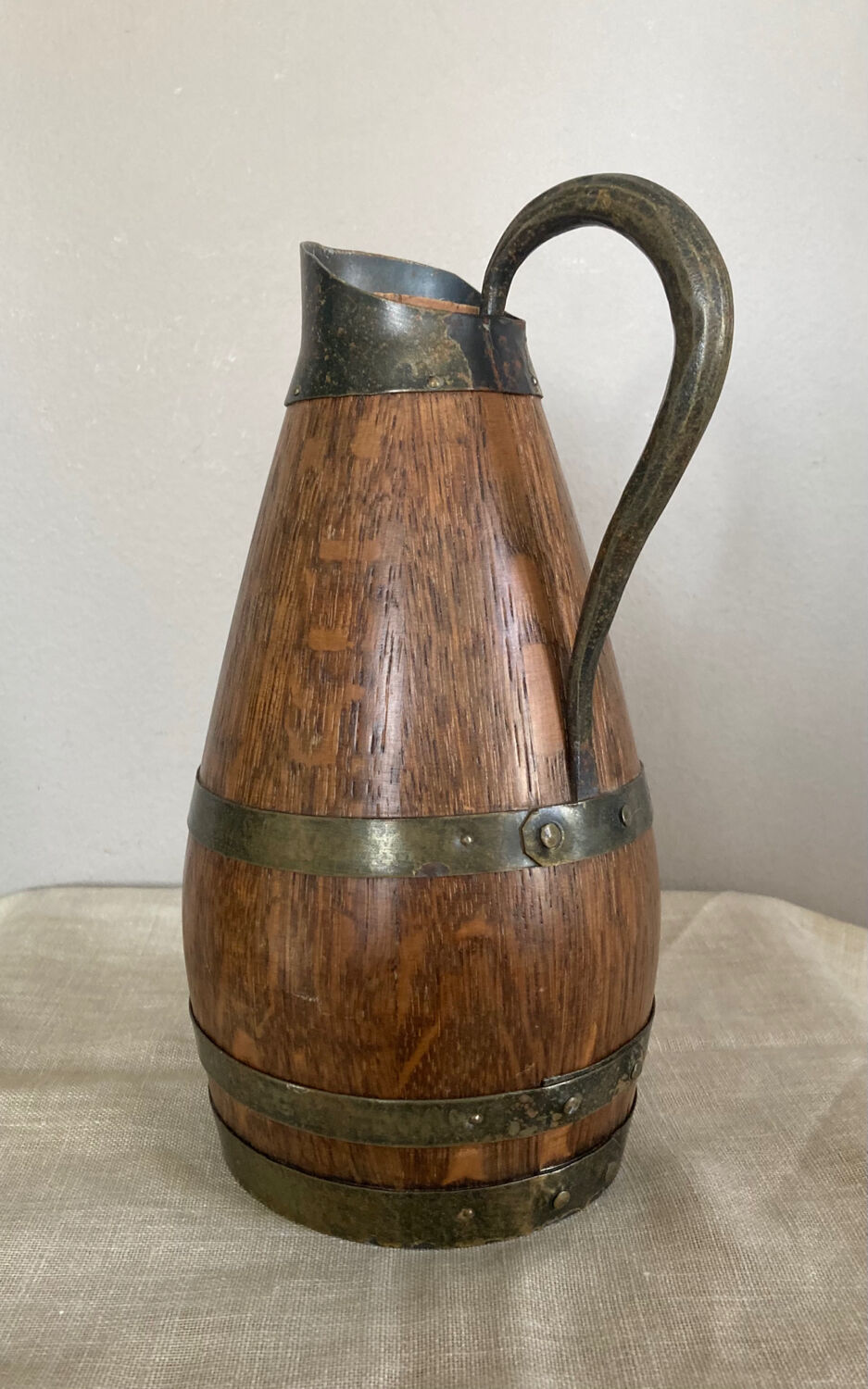 Beaune brandy pitcher in solid oak with brass rims 1970s