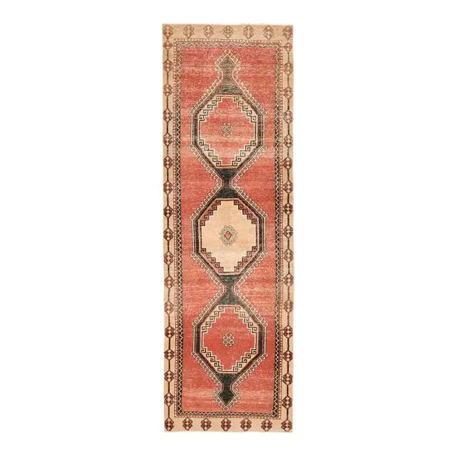 1970s Vintage Turkish Oushak Handmade Wool Cotton Red Runner Rug 116x267