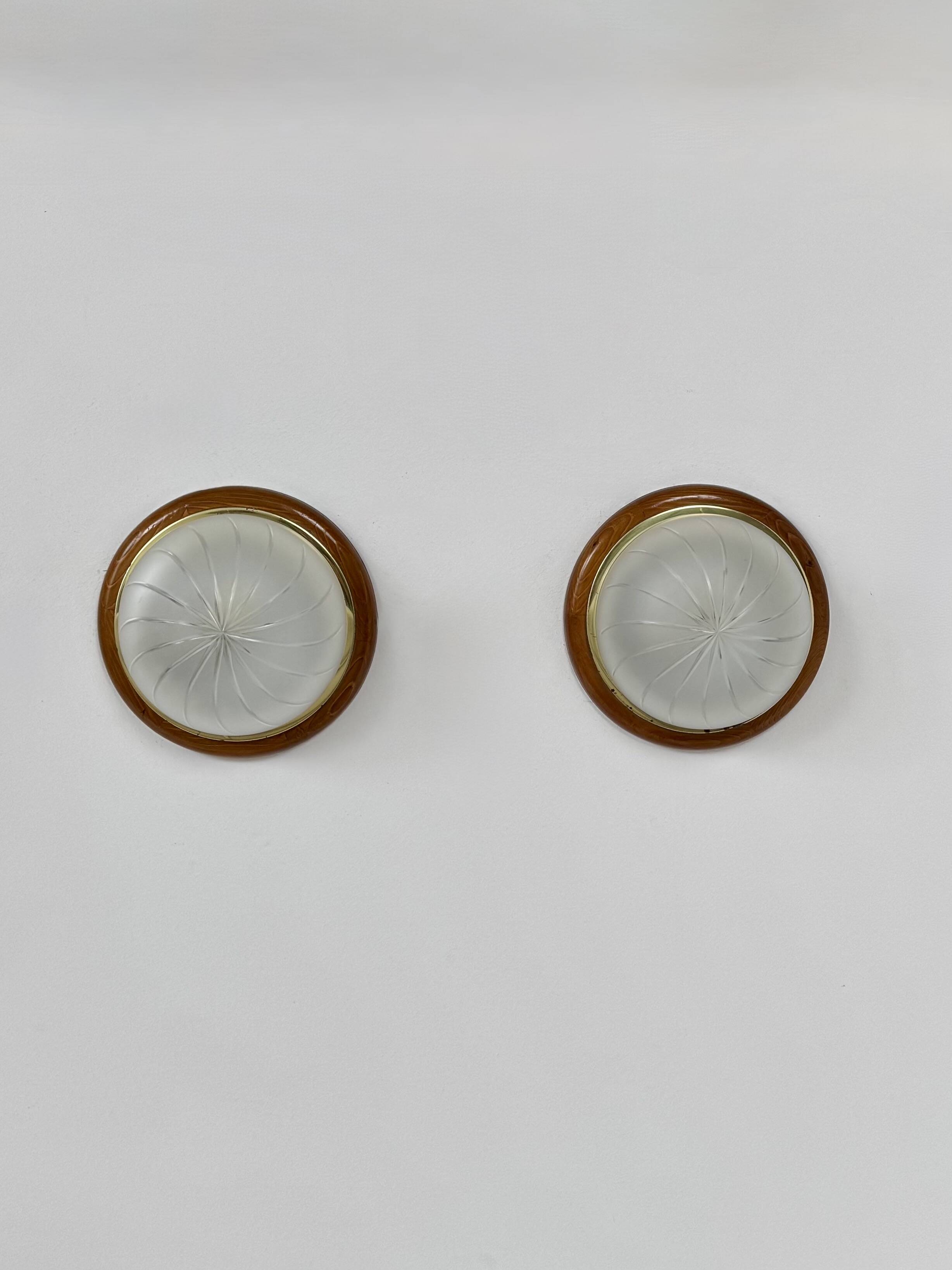 Pair of vintage wall lights, wood, brass and frosted glass, France, 1970.