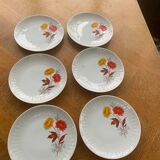6 small porcelain plates and vintage orange and yellow flowers