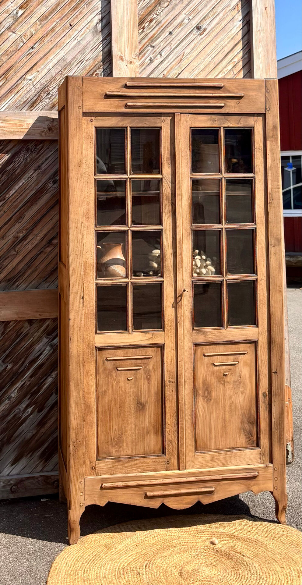 Antique glass-fronted cabinet in raw solid oak: display cabinet bookshelf.