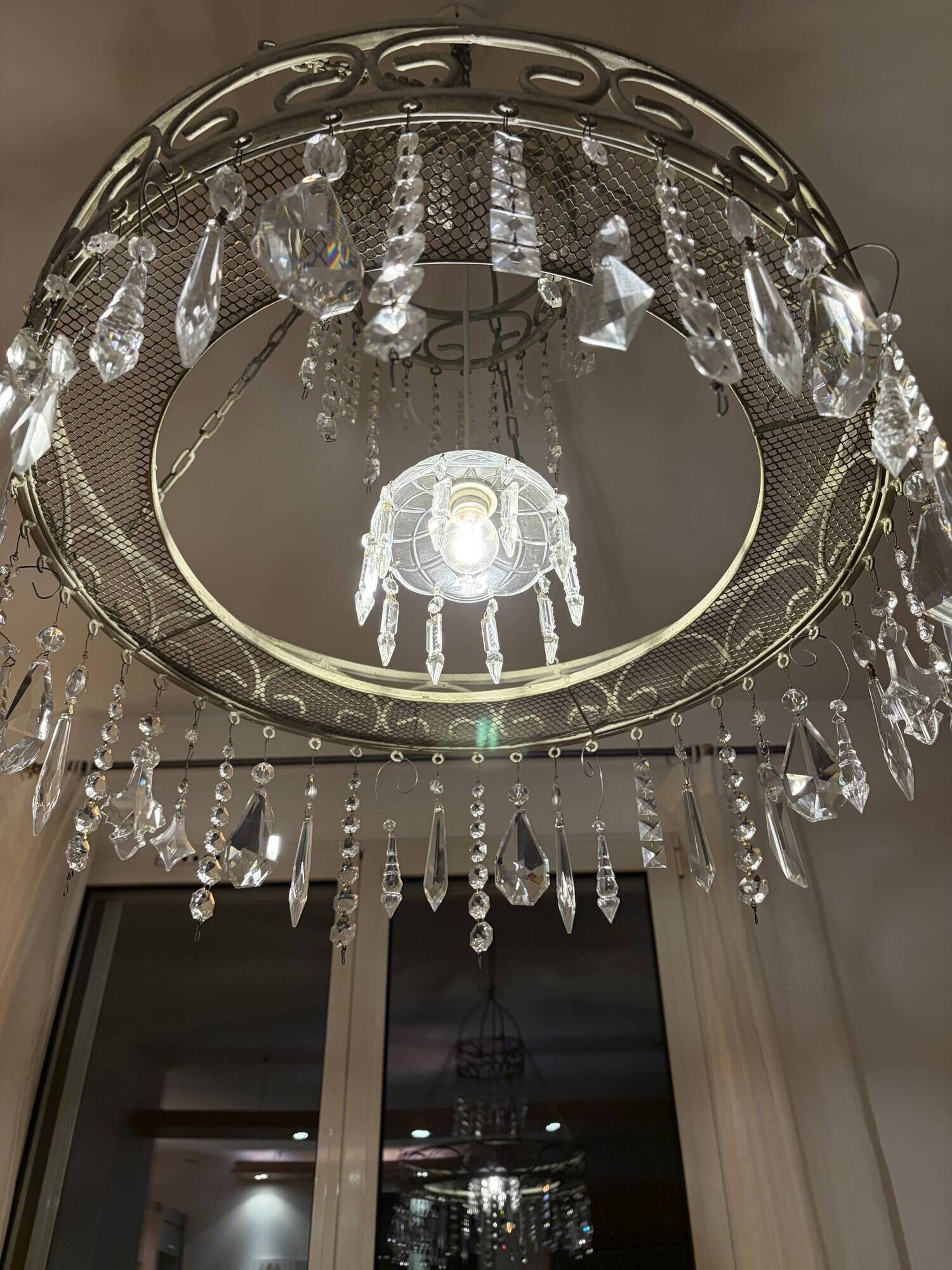Patinated iron chandelier with pendants, romantic / shabby chic style.
