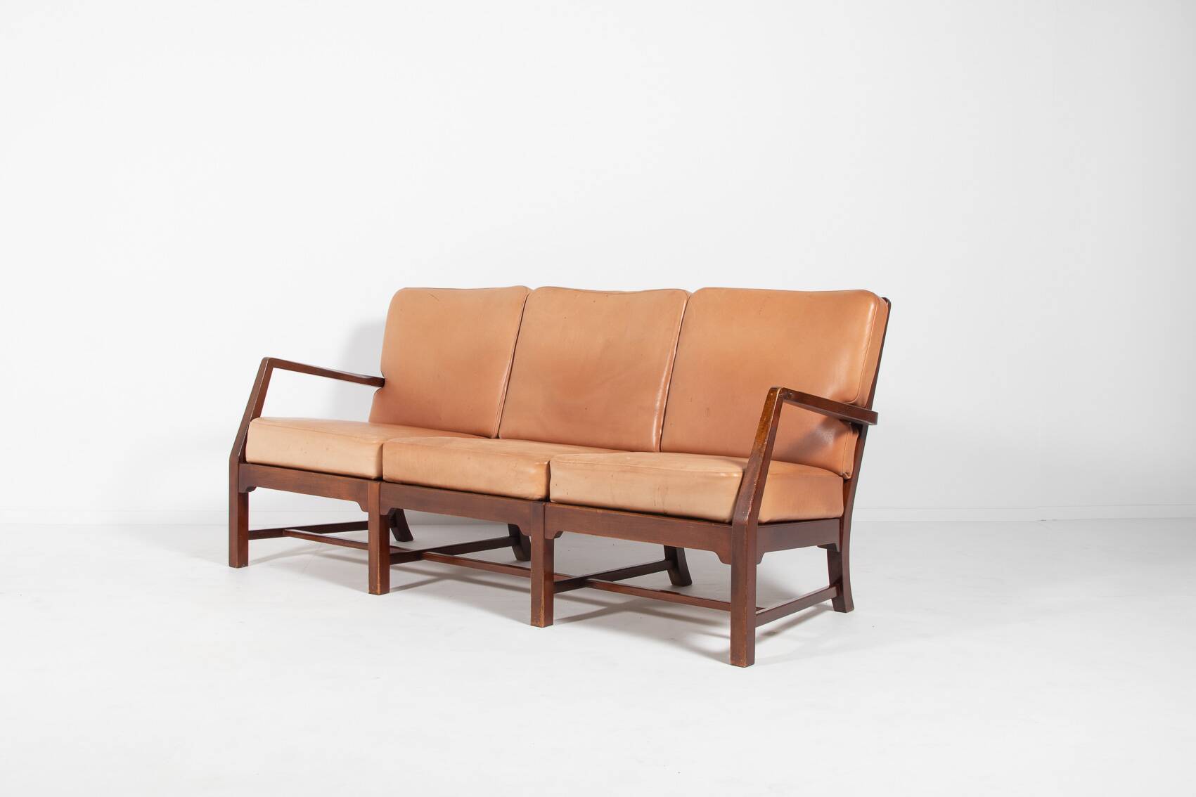 Mid-Century Danish Modern 3-seats sofa with cognac leather cushions