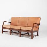 Mid-Century Danish Modern 3-seats sofa with cognac leather cushions