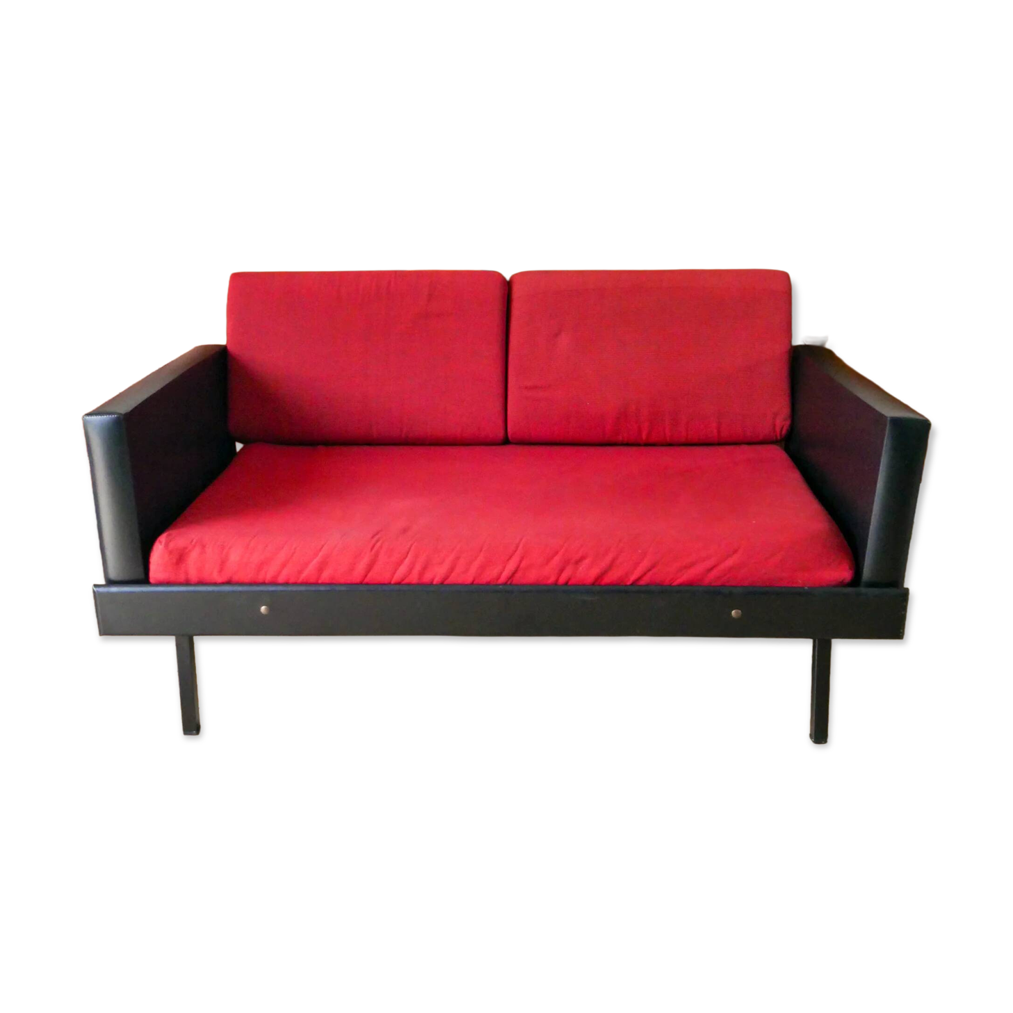 Day Bed sofa in skai, red mottled fabric and black metal 1950