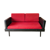 Day Bed sofa in skai, red mottled fabric and black metal 1950