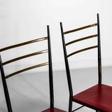 Fine set of metal dining chairs with red leather seating, Italy 1970s