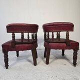 Pair of barrel chairs in turned wood and burgundy leather – Productio