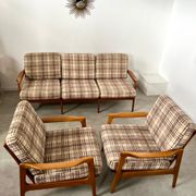 Lot armchairs and sofa 60 years Scandinavian design in vintage blond teak