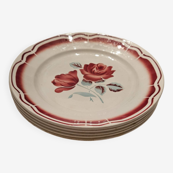 Lot de 5 assiettes plates en faience decor roses rouges