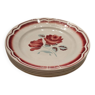 Set of 5 earthenware dinner plates with red rose decoration