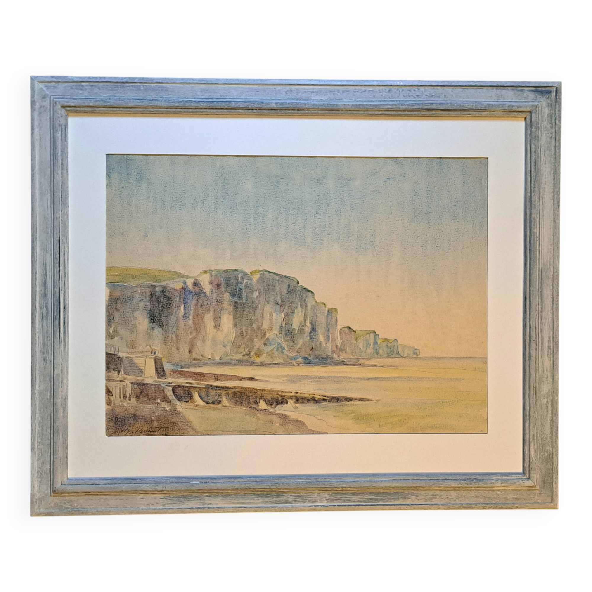 Impressionist painting, watercolour signed Henri TRIBOUT, Norman seascape, 20th century.