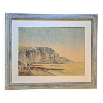 Impressionist painting, watercolor signed Henri TRIBOUT, Normandy seascape, 20th century