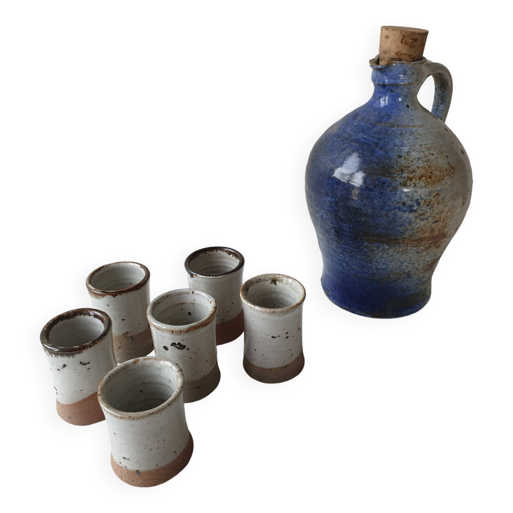 Set of liqueur bottle + 6 stoneware cups Signed Albert Breton Vézelay