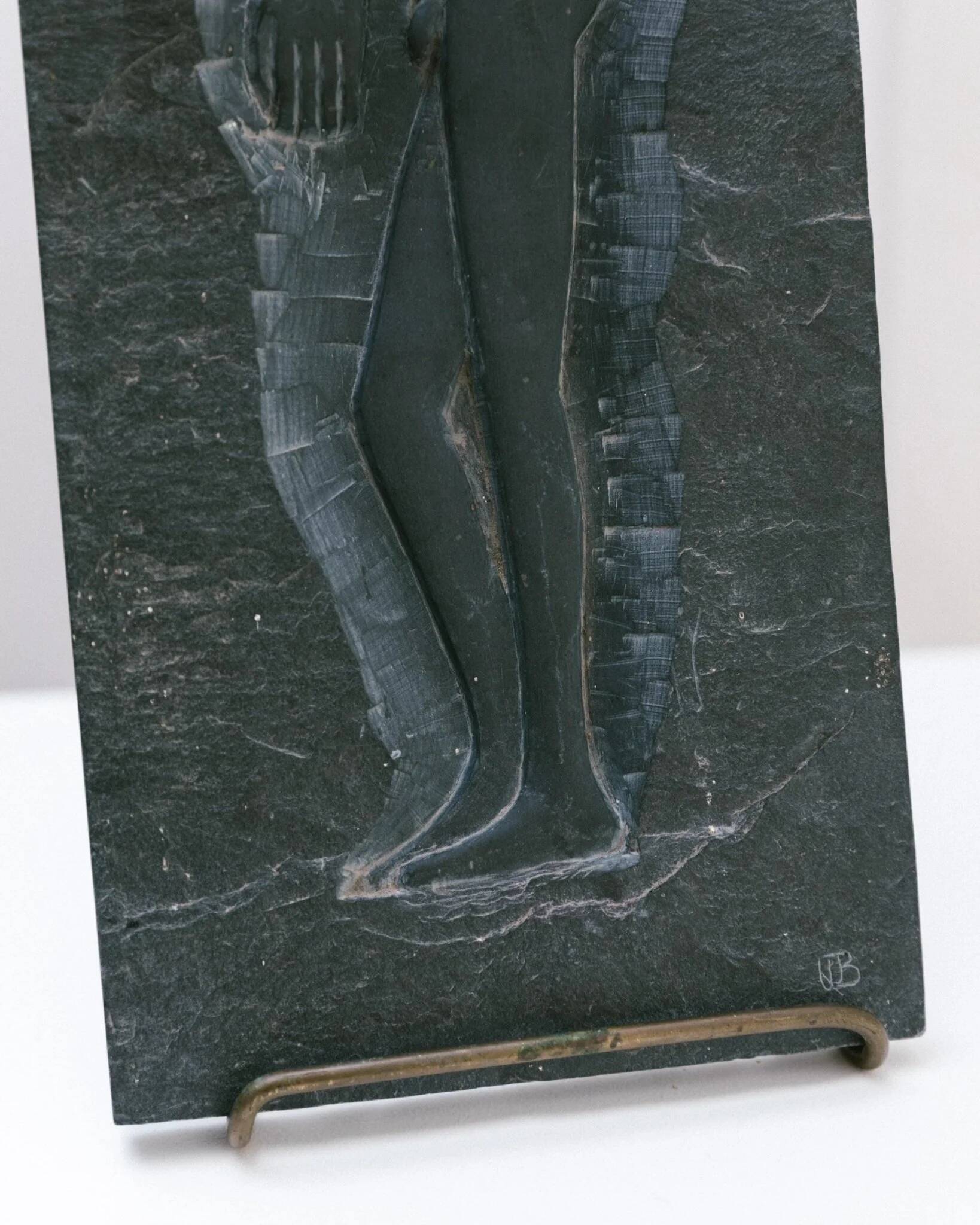 Charcoal Slate Art Panel with Alien Figure – Vintage Italian 1970s Brutalist Futurism, Handmade Stone Relief, Signed QB