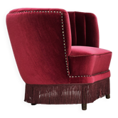 Fauteuil danois des années 1970, état d'origine, tissu velours rouge cerise.