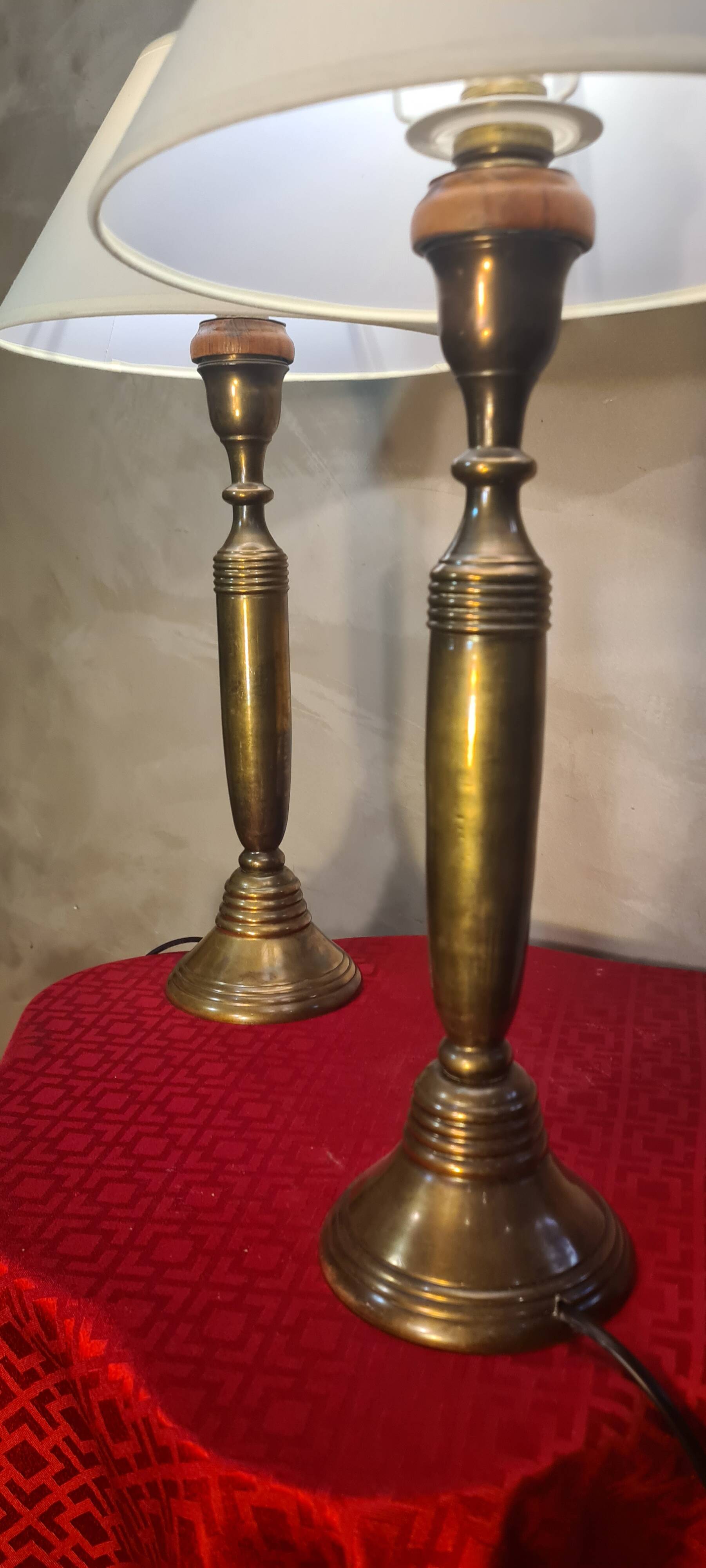 Pair of large solid brass lamps 1940, off-white lampshade 50x25
