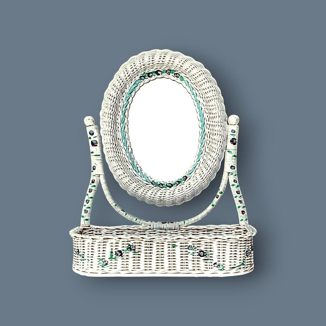 Off-white rattan vanity mirror – floral decoration – 1960s–1970s