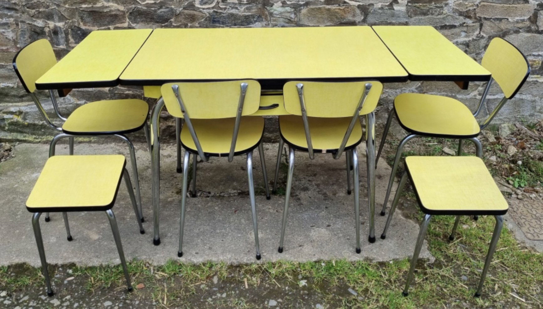 Yellow formica table, 4 formica chairs and 2 matching stools, vintage, 60s.