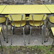 Yellow formica table, 4 formica chairs and 2 matching stools, vintage, 60s.
