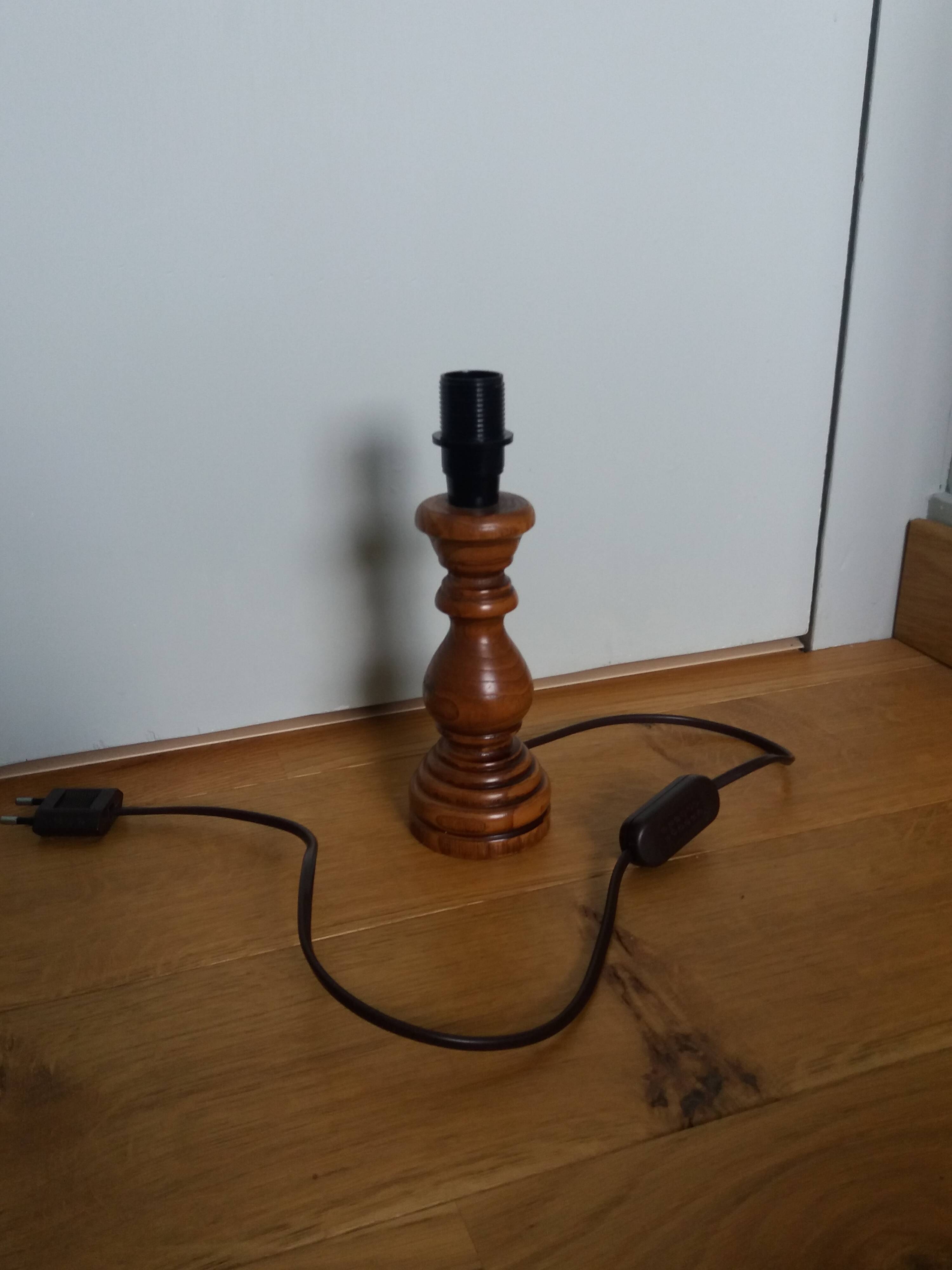 Turned wood lamp with fabric lampshade