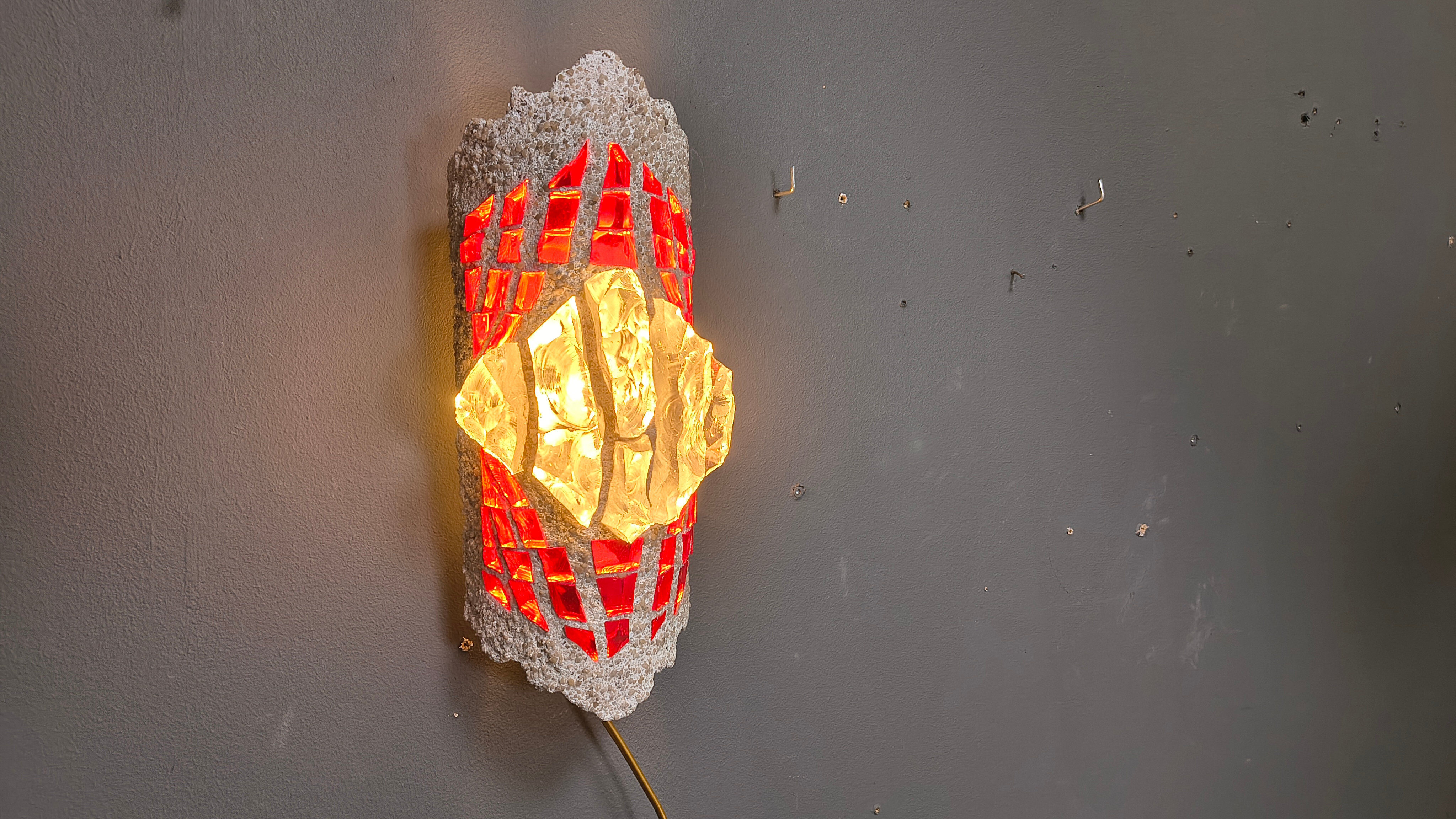 Brutalist cement and glass wall lamp, 1960s