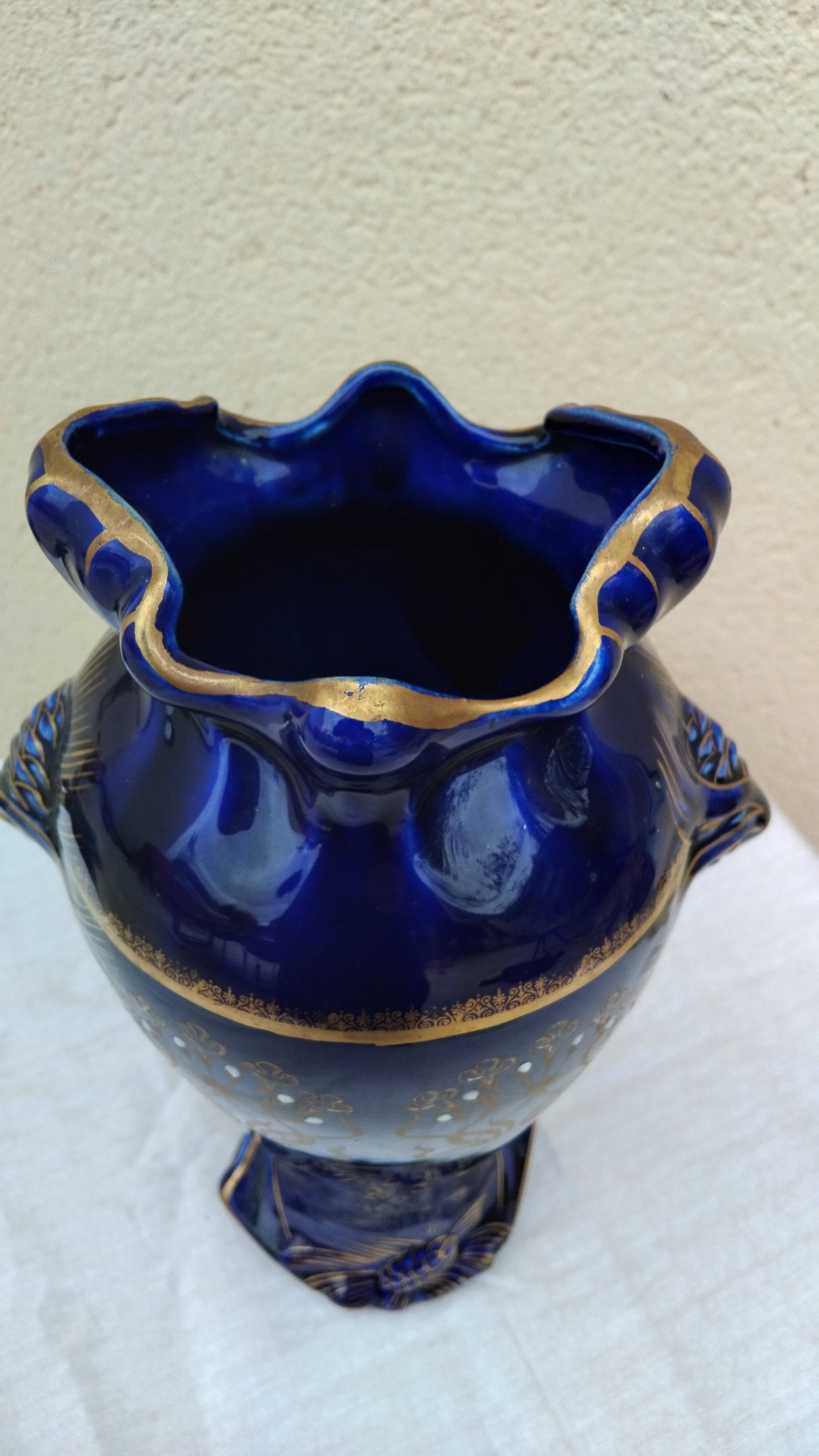 Large antique blue earthenware vase