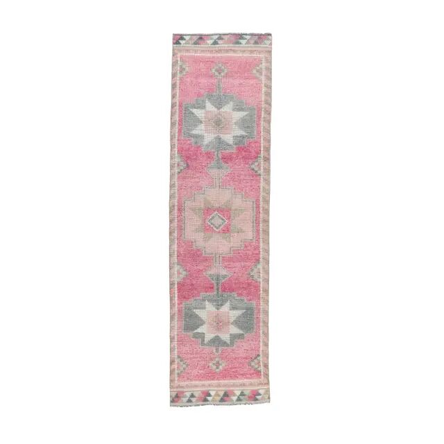 Vintage Pink Geometric Turkish Hand-Knotted Runner 92x342