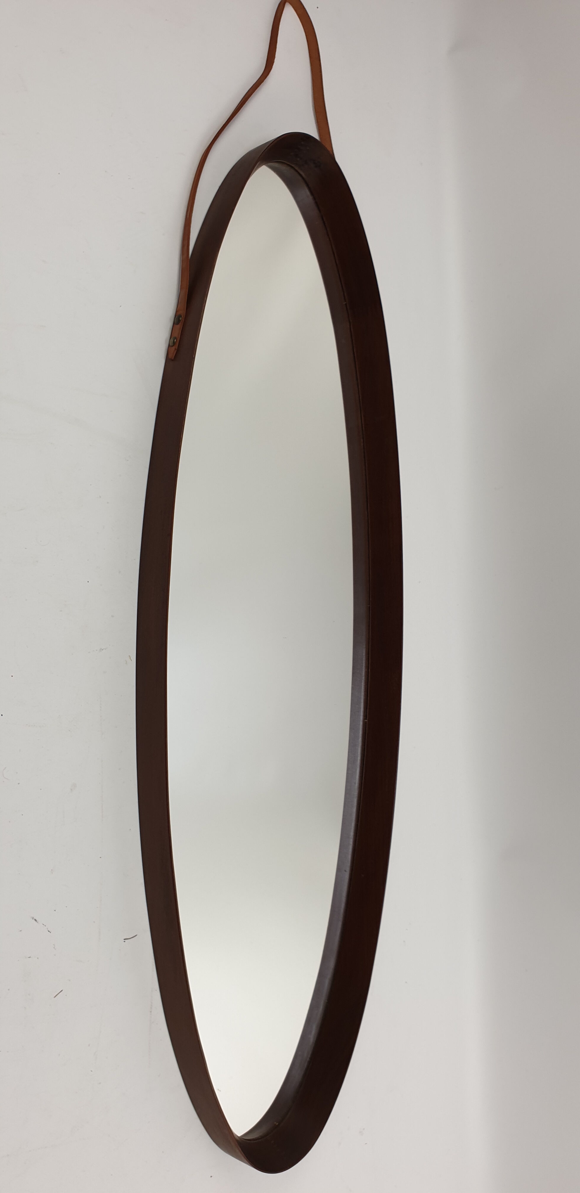 Italian Oval Teak Mirror 1950s 32x103cm