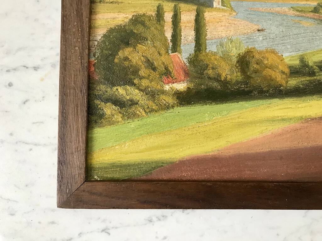 Oil painting on cardboard landscape river signed 1941