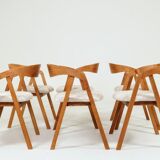 Set of 6 rustic oak wood dining chairs in safari beige.