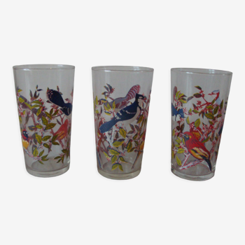 Lot de 3 anciens verres sérigraphiés décor oiseaux de nos jardins déco cuisine