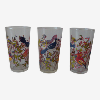 Set of 3 old screen-printed glasses bird decoration of our gardens retro kitchen decoration
