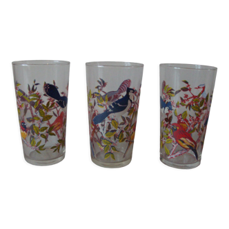 Set of 3 old screen-printed glasses bird decoration of our gardens retro kitchen decoration