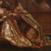 Antique painting from the 18th century, Esther fainting before Ahasuerus