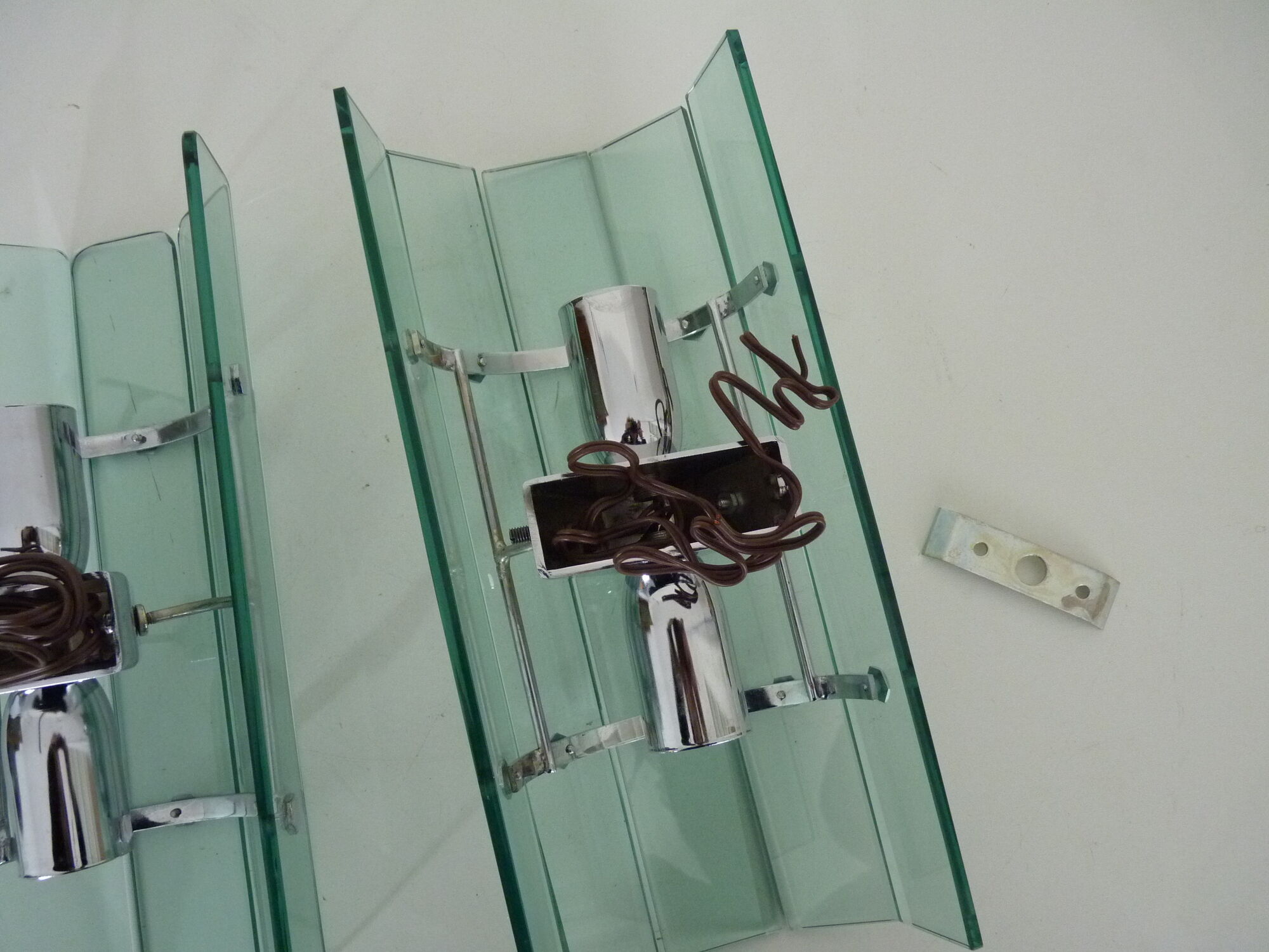 Pair of Italian Veca wall lamps in bluish glass, chrome, double lights